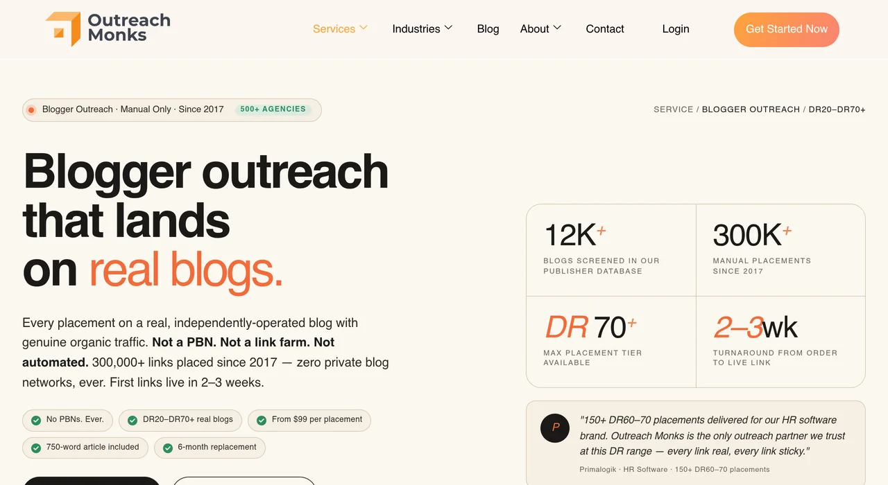 Outreach Monks blogger outreach page