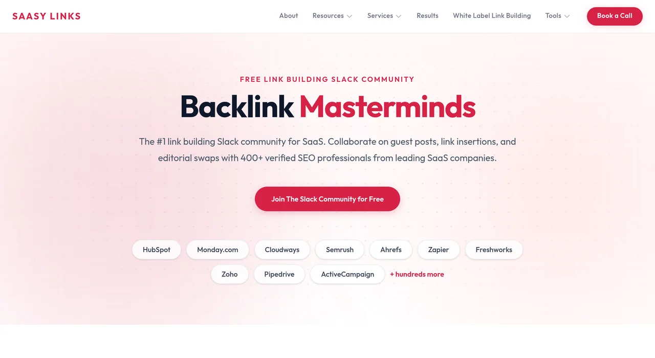 Backlink Masterminds Slack community page