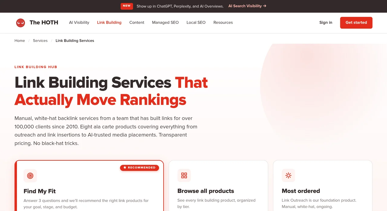 The HOTH link building service page